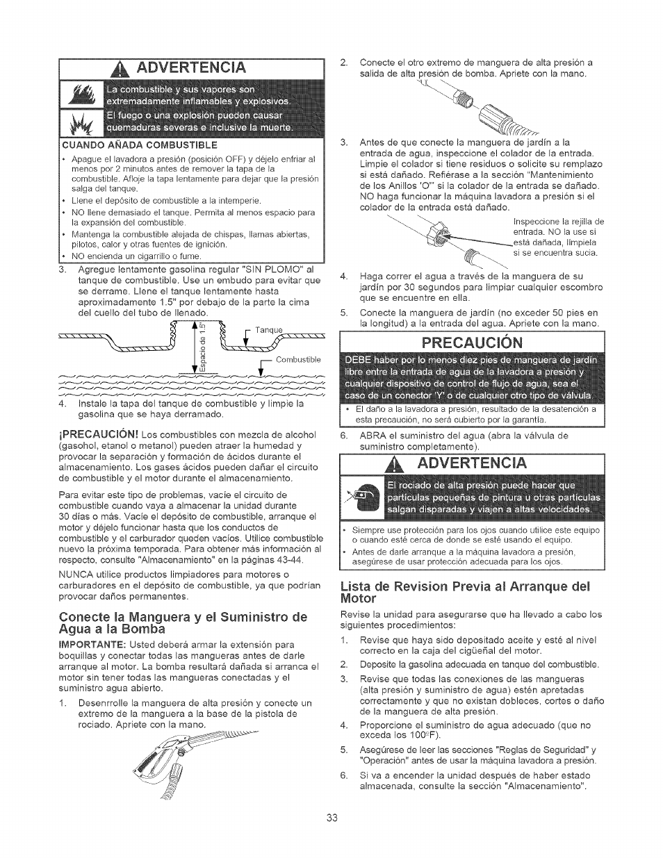 Precaucion, Advertencia, Lista de revision previa al arranque del motor | Craftsman 580.752010 User Manual | Page 33 / 48