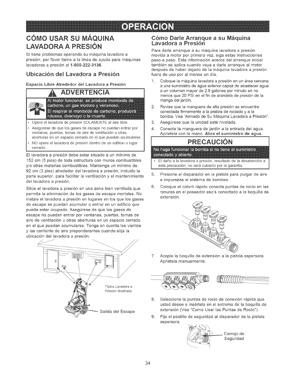 Precaución, Operacio, Cómo usar su máquina lavadora a presión | Ubicación del lavadora a presión | Craftsman 580.752010 User Manual | Page 34 / 48