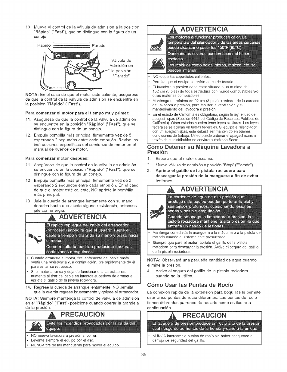 S: advertencia, Cómo detener sy máquina lavadora a presión, A advertencia | Cómo usar ias puntas de rocío, Precaucion, Advertencia | Craftsman 580.752010 User Manual | Page 35 / 48