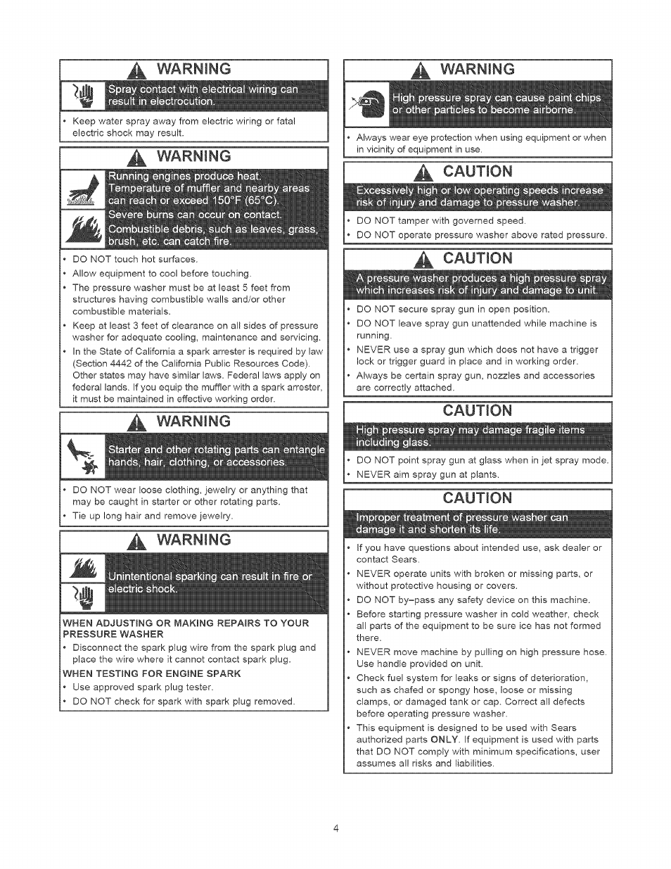 Warning, Caution, 4^ caution | 4 warning | Craftsman 580.752010 User Manual | Page 4 / 48