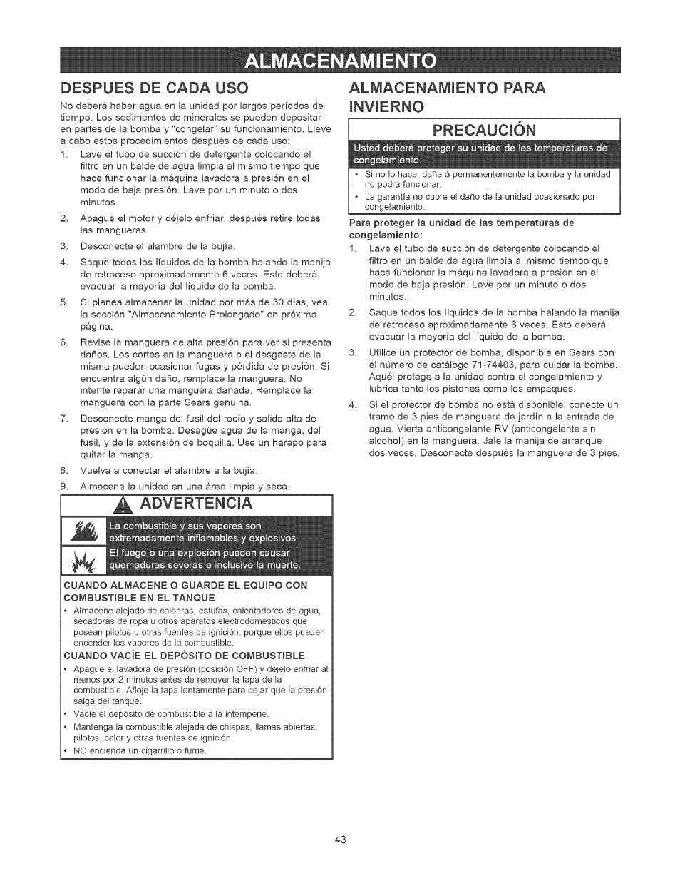 Despues de cada uso, Advertencia, Almacenamiento para invierno | Precaución, Lmacenamient, Almacenamiento para invierno precaución | Craftsman 580.752010 User Manual | Page 43 / 48