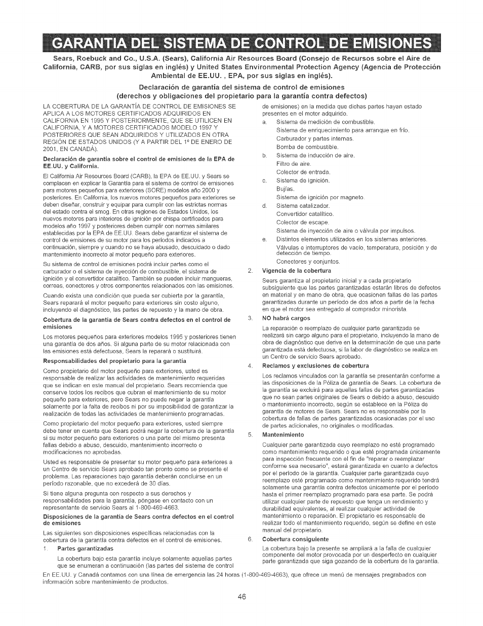 Garantia del sistema de control de emisiones | Craftsman 580.752010 User Manual | Page 46 / 48