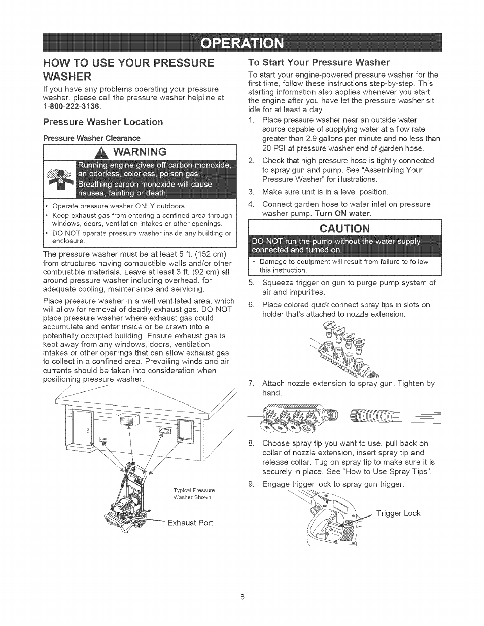 Caution, Operatio, How to use your pressure washer | Warning | Craftsman 580.752010 User Manual | Page 8 / 48