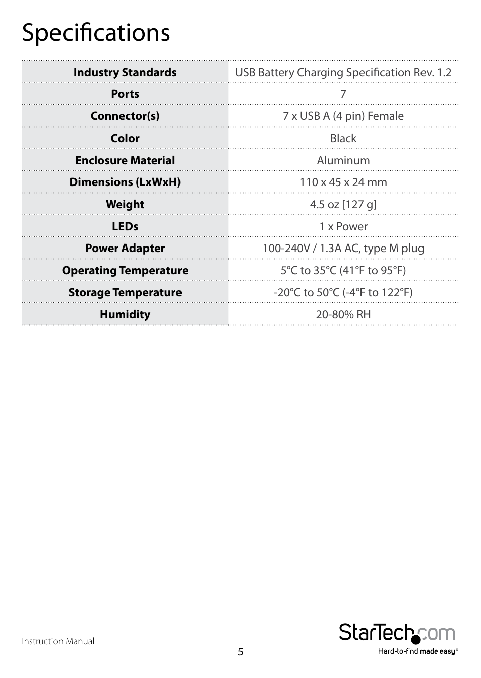 Specifications | StarTech.com ST7CU35122 User Manual | Page 8 / 10