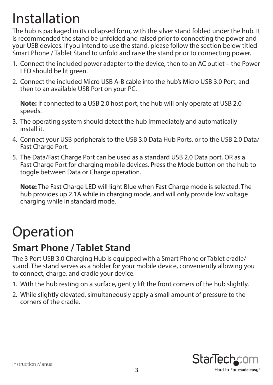Installation, Operation, Smart phone / tablet stand | StarTech.com ST4300U3C1B User Manual | Page 6 / 11