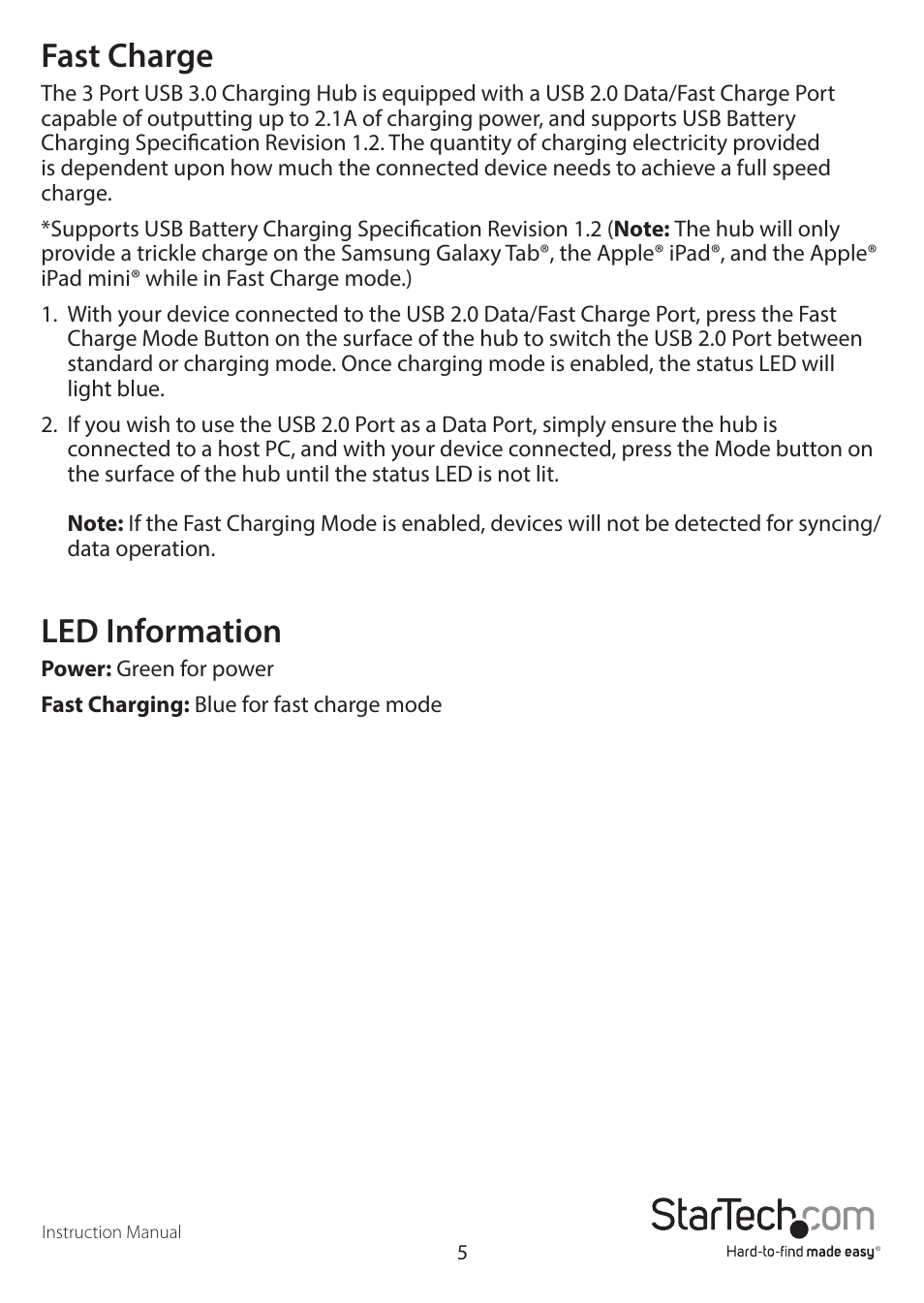 Fast charge, Led information | StarTech.com ST4300U3C1B User Manual | Page 8 / 11