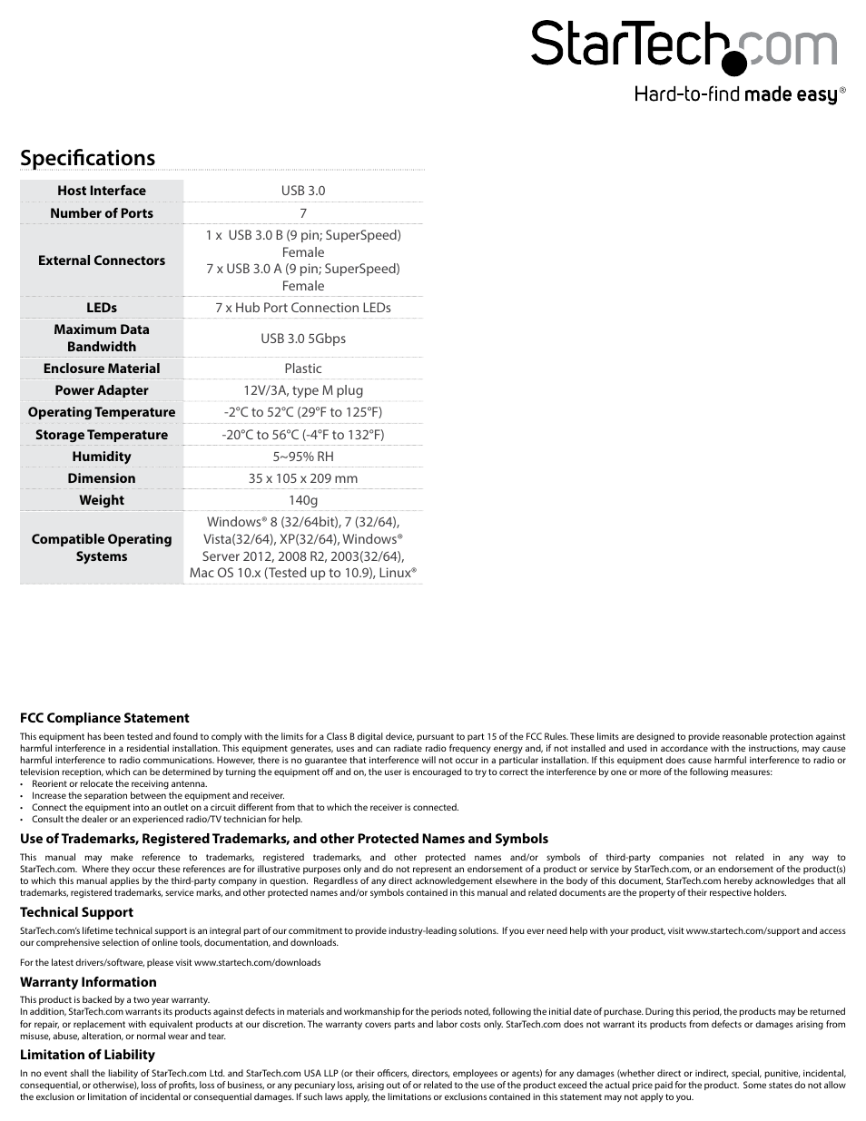 Specifications | StarTech.com ST7300USB3B User Manual | Page 2 / 2
