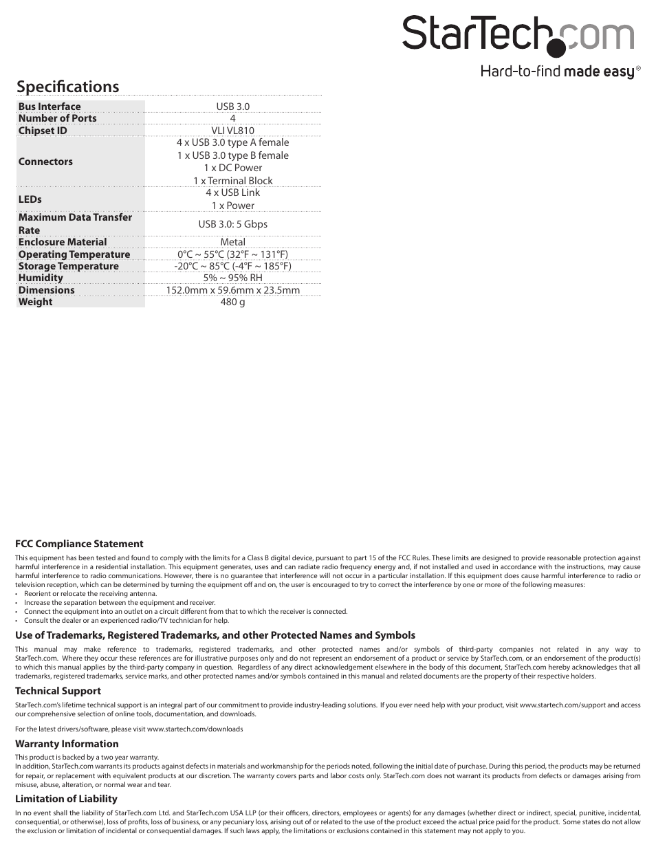 Specifications | StarTech.com ST4300USBM User Manual | Page 2 / 2