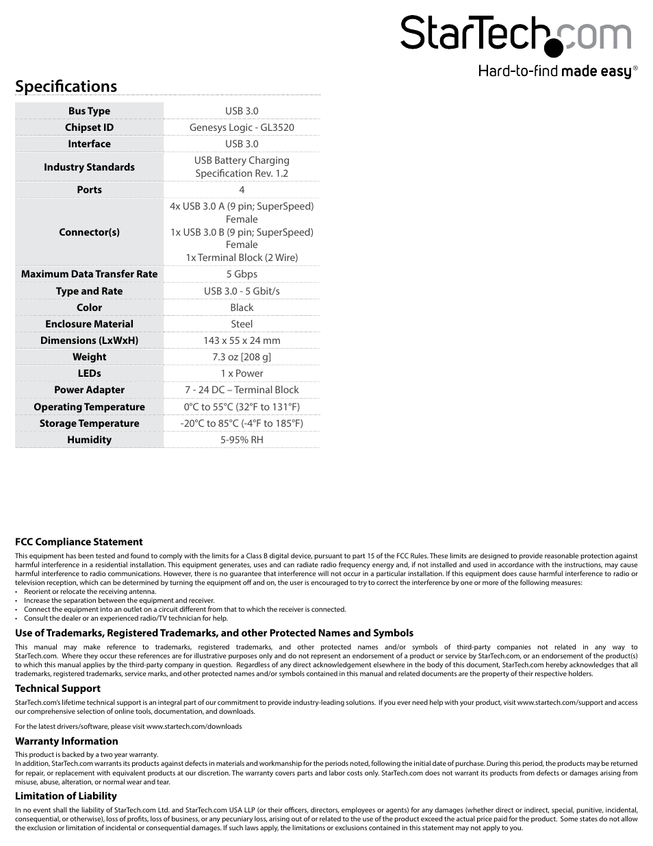 Specifications | StarTech.com ST4300USBMS User Manual | Page 2 / 2