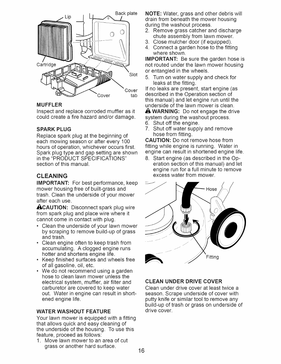 Muffler, Spark plug, Water washout feature | Clean under drive cover | Craftsman 917.374366 User Manual | Page 16 / 52