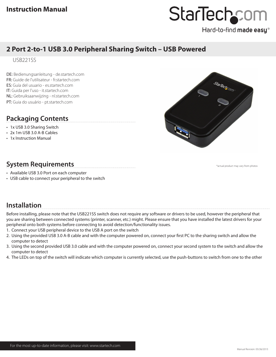 StarTech.com USB221SS User Manual | 2 pages