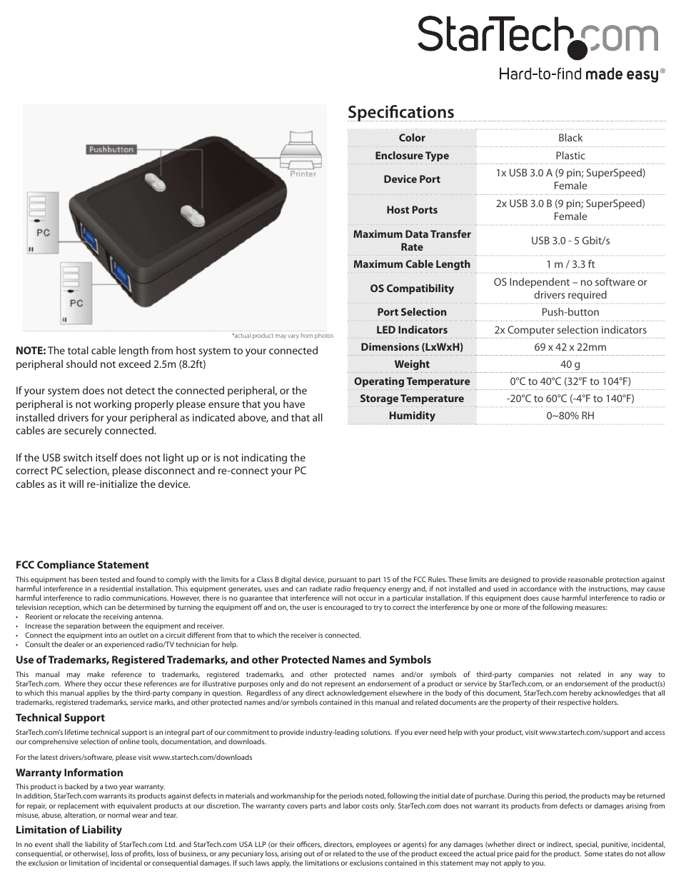 Specifications | StarTech.com USB221SS User Manual | Page 2 / 2