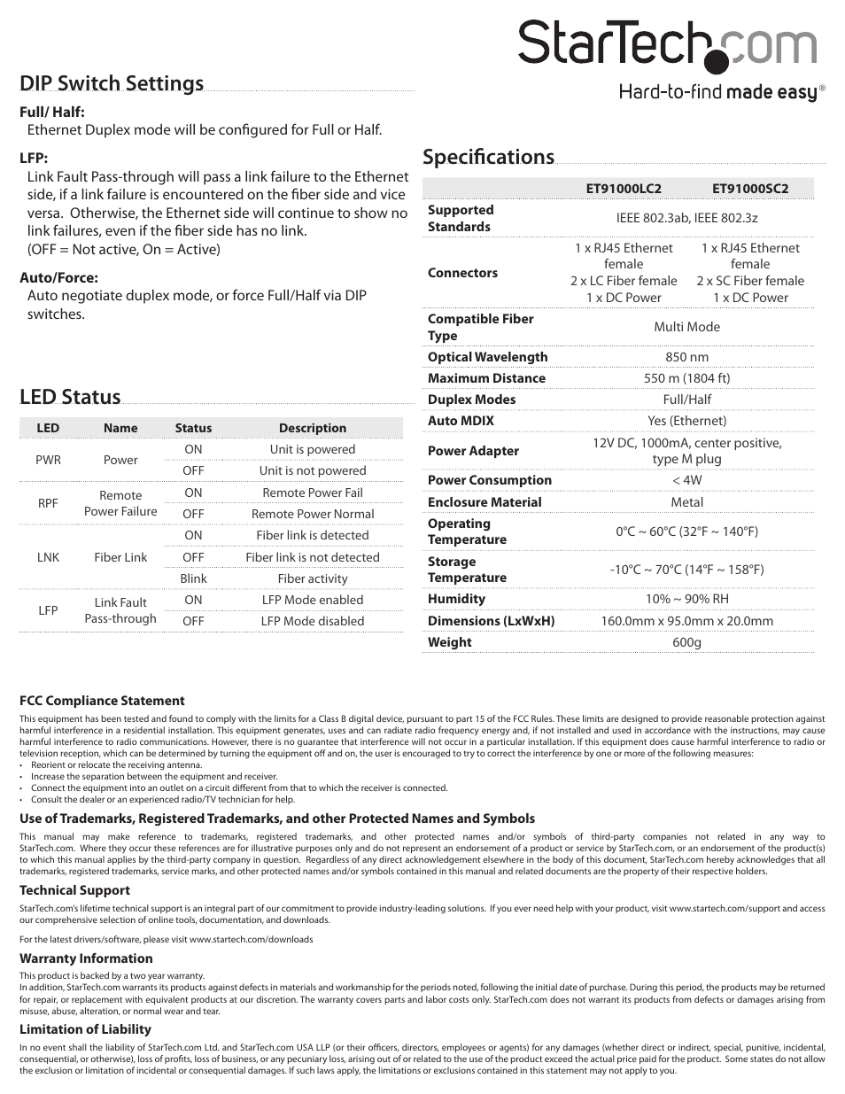 Specifications, Led status, Dip switch settings | StarTech.com ET91000SC2 User Manual | Page 2 / 2
