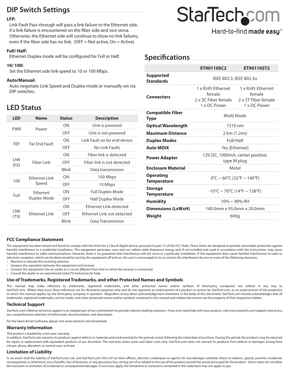 Dip switch settings, Specifications, Led status | StarTech.com ET90110ST2 User Manual | Page 2 / 2