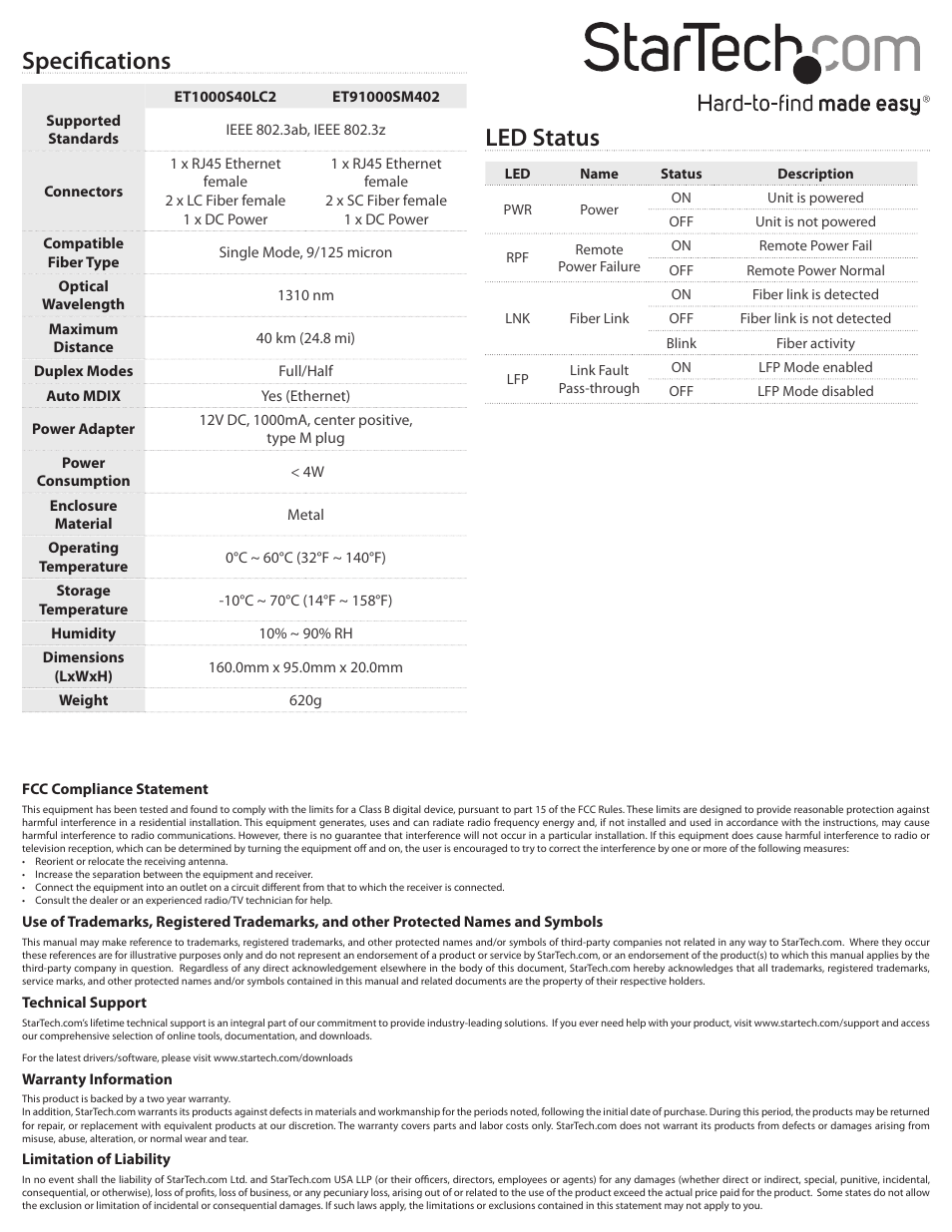 Specifications, Led status | StarTech.com ET91000SM402 User Manual | Page 2 / 2