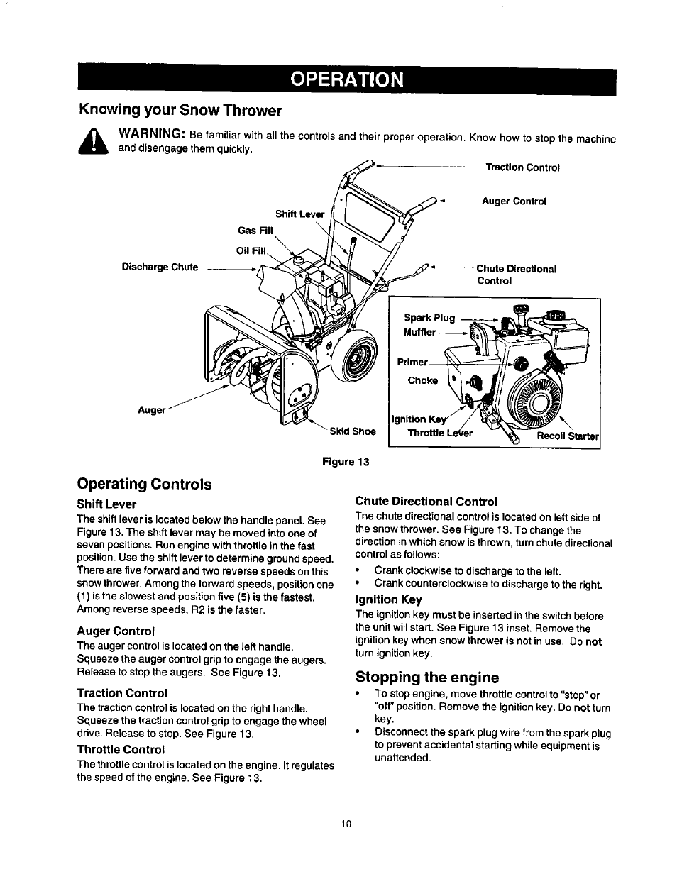 Operation, Knowing your snow thrower, Operating controis | Shift lever, Auger control, Traction control, Throttle control, Chute directional control, Ignition key, Stopping the engine | Craftsman 247.886640 User Manual | Page 10 / 33