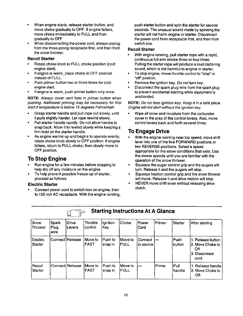 Recoil starter, To stop engine, Electric starter | To engage drive, Starting instructions at a glance | Craftsman 247.886640 User Manual | Page 12 / 33