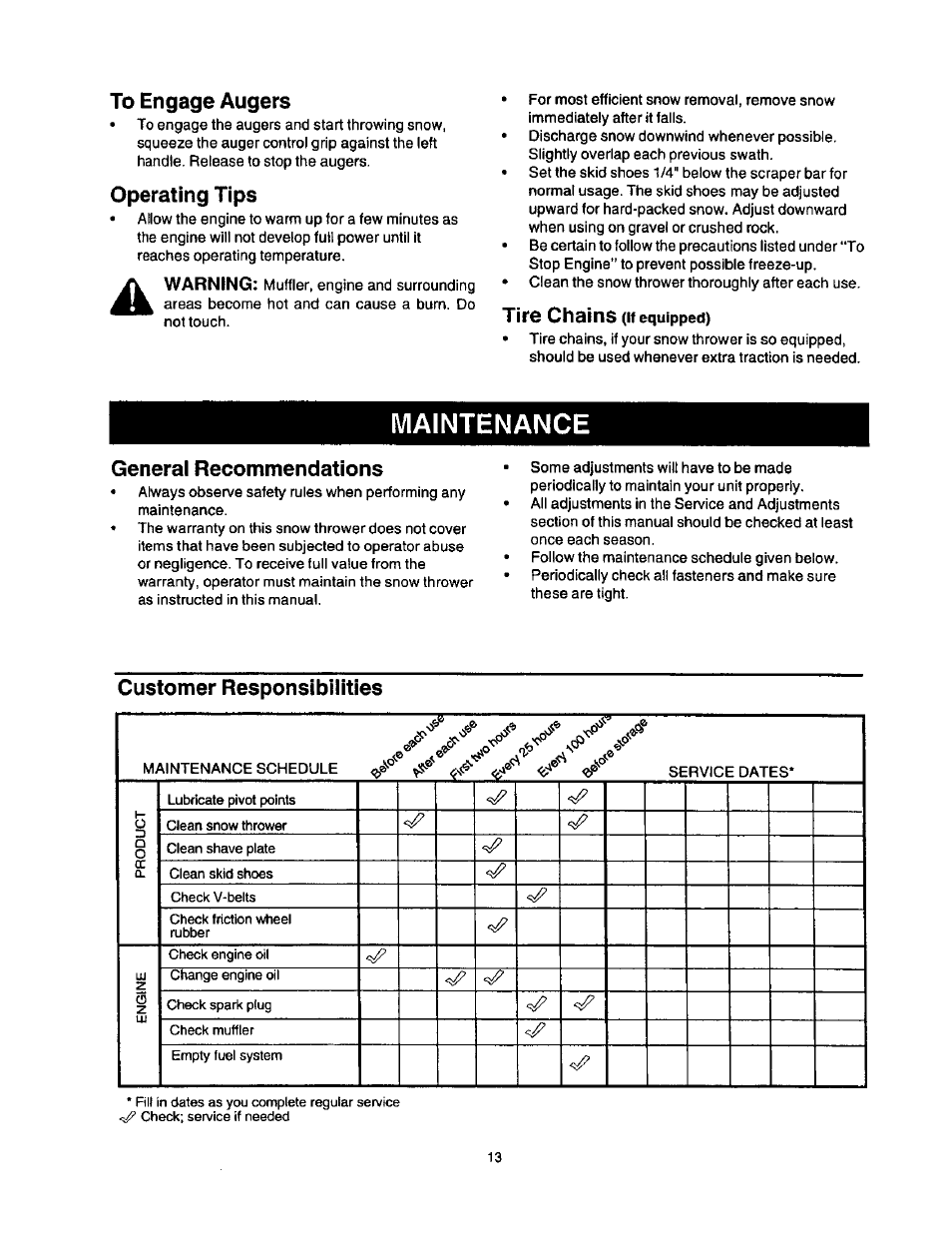 To engage augers, Operating tips, Maintenance | General recommendations, Customer responsibilities, C3 da o, Tire chains | Craftsman 247.886640 User Manual | Page 13 / 33