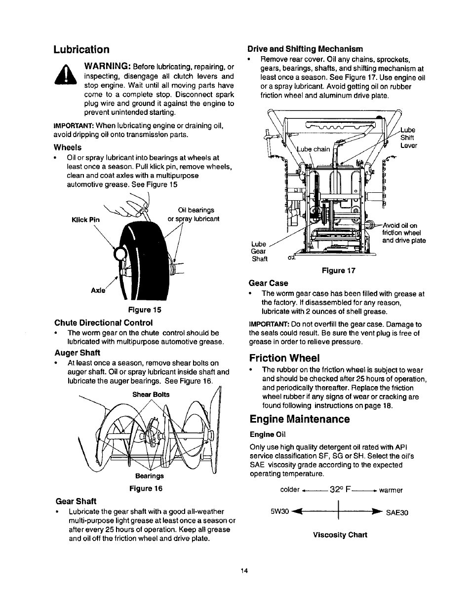 Lubrication, Wheels, Chute directional control | Auger shaft, Gear shaft, Drive and shifting mechanism, Gear case, Friction wheei, Engine maintenance | Craftsman 247.886640 User Manual | Page 14 / 33