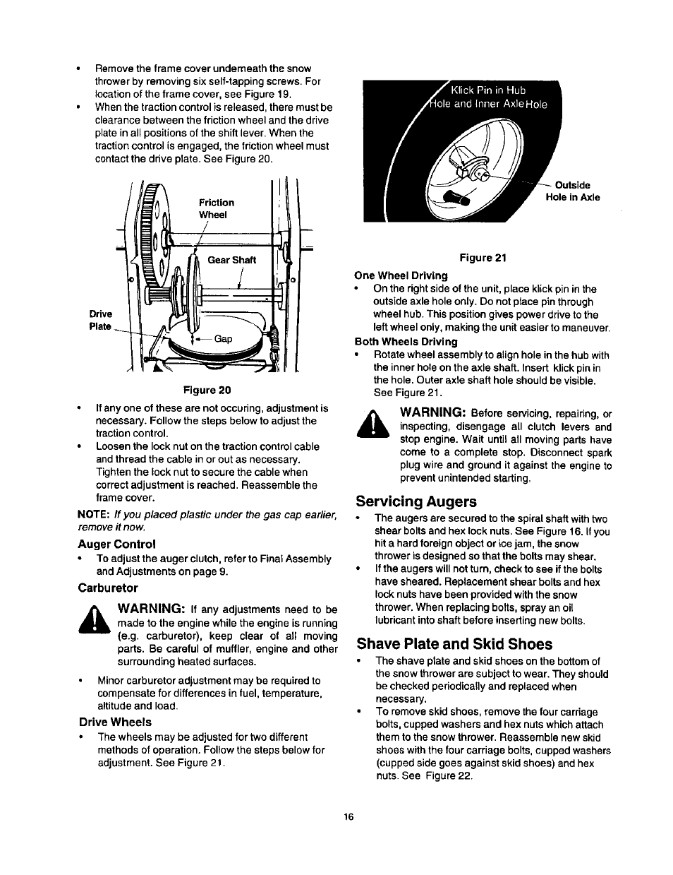 Servicing augers, Shave piate and skid shoes | Craftsman 247.886640 User Manual | Page 16 / 33