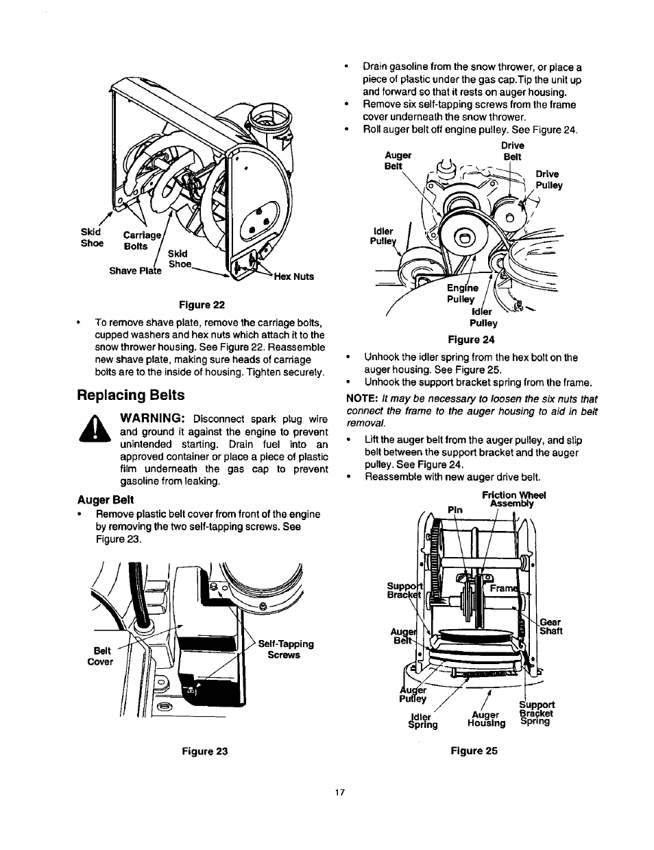 Auger belt, Replacing belts | Craftsman 247.886640 User Manual | Page 17 / 33