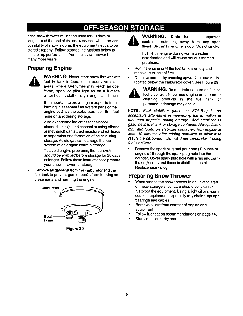 Off-season storage, Preparing engine, Preparing snow thrower | Warning | Craftsman 247.886640 User Manual | Page 19 / 33