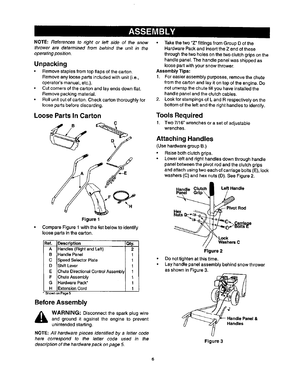 Assembly, Tools required, Attaching handles | Unpacking, Loose parts in carton, Before assembly | Craftsman 247.886640 User Manual | Page 6 / 33