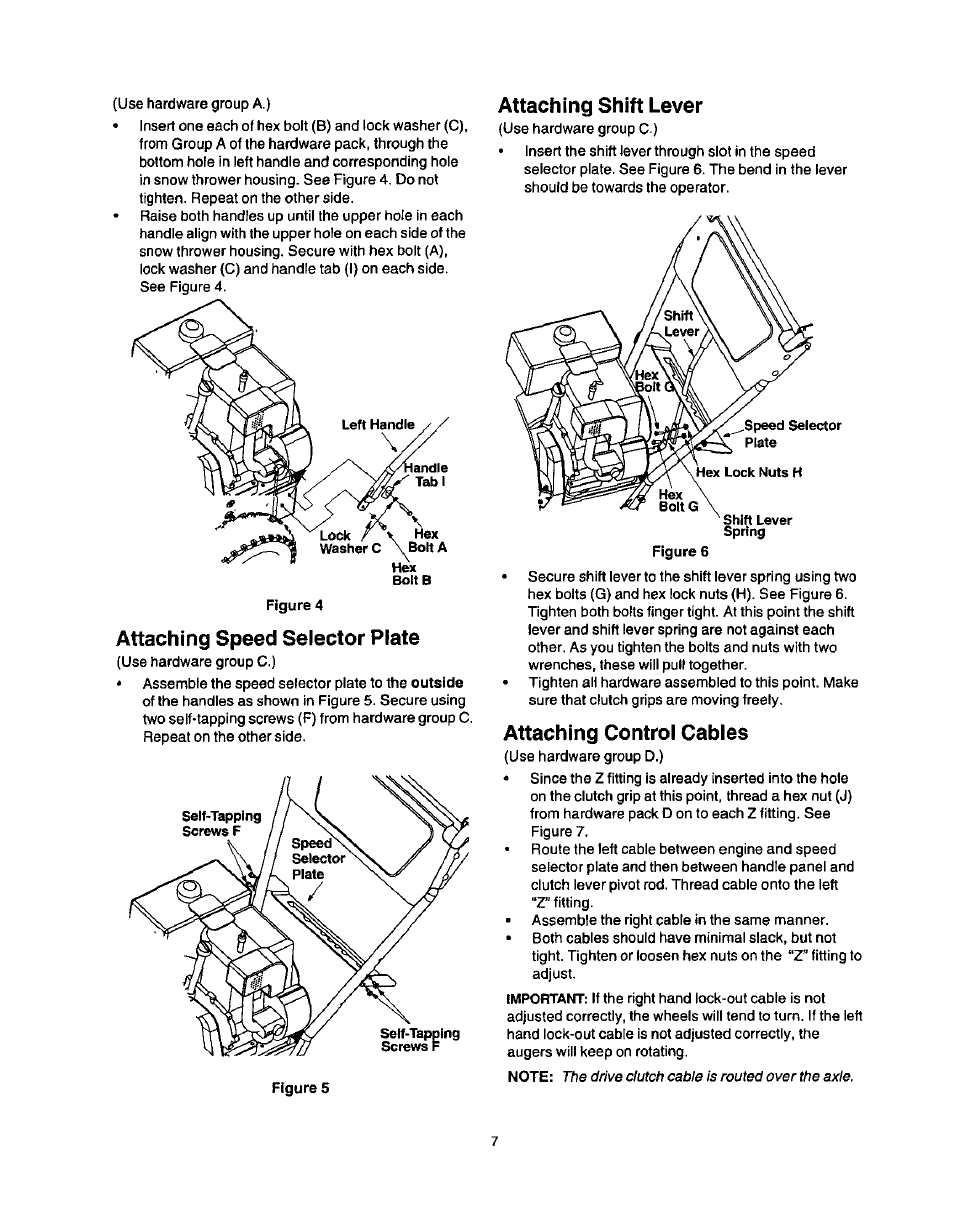 Attaching speed selector plate, Attaching shift lever, Attaching control cables | Craftsman 247.886640 User Manual | Page 7 / 33