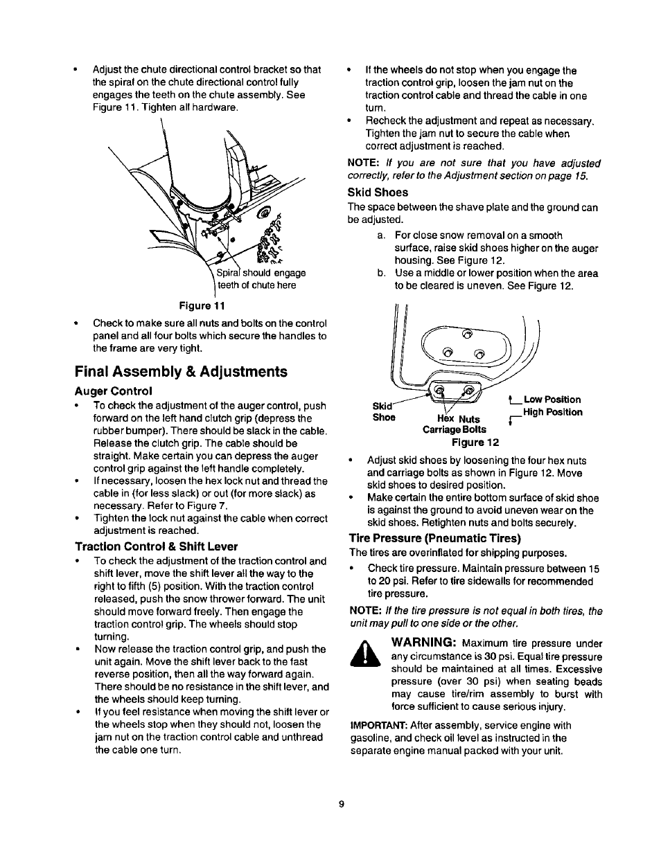 Final assembly & adjustments, Auger control, Traction control & shift lever | Skid shoes, Tire pressure (pneumatic tires) | Craftsman 247.886640 User Manual | Page 9 / 33