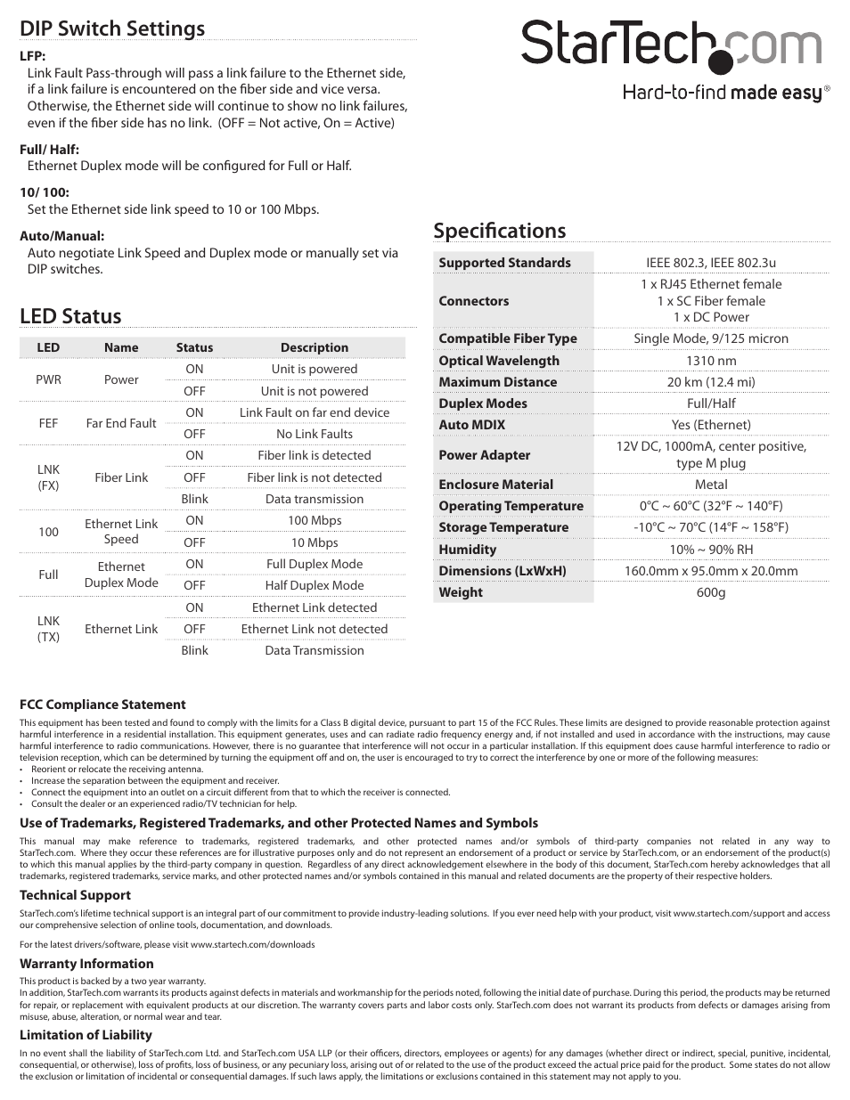 Specifications, Led status, Dip switch settings | StarTech.com ET90110SM302 User Manual | Page 2 / 2
