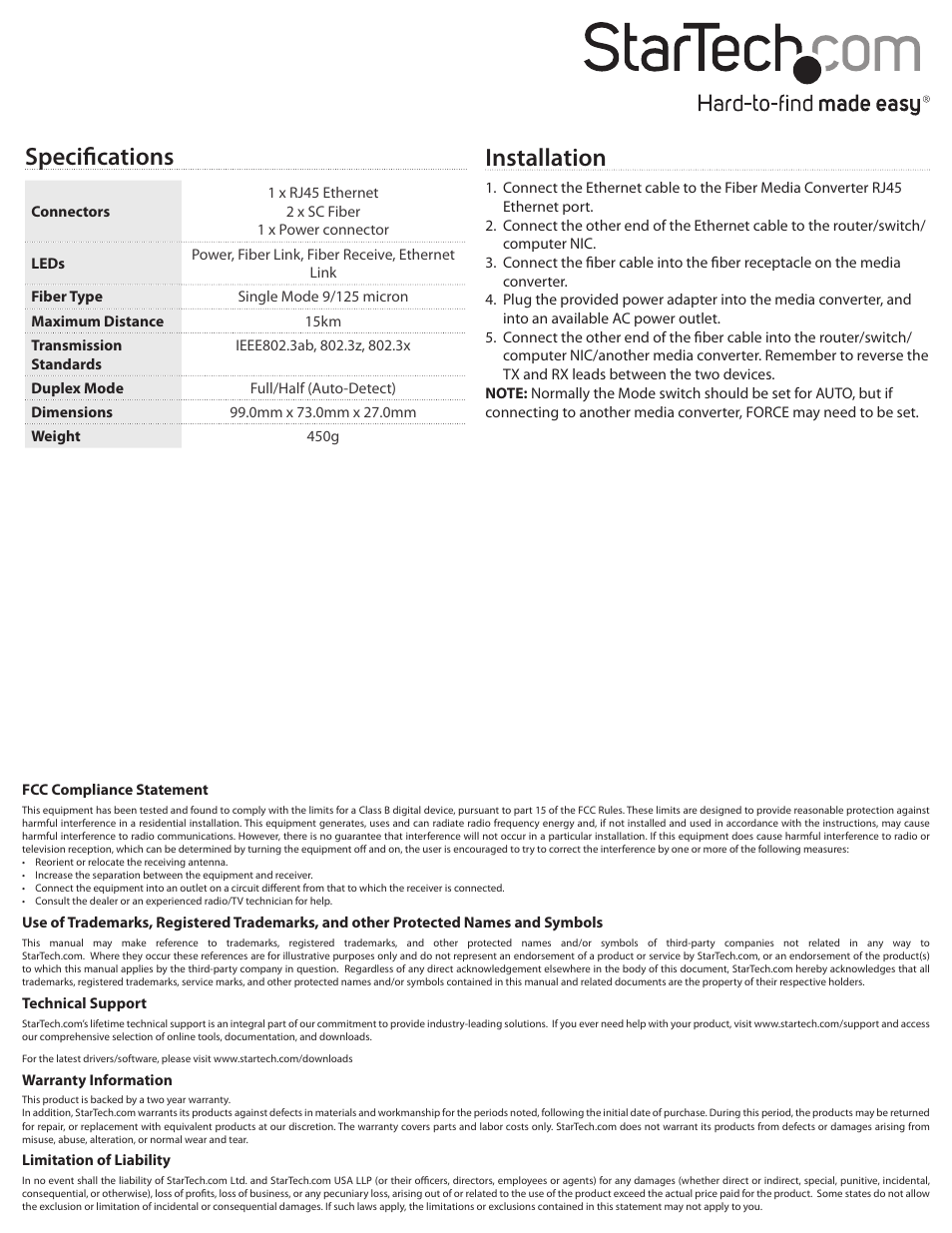 Specifications, Installation | StarTech.com MCMGBSC15EU User Manual | Page 2 / 2