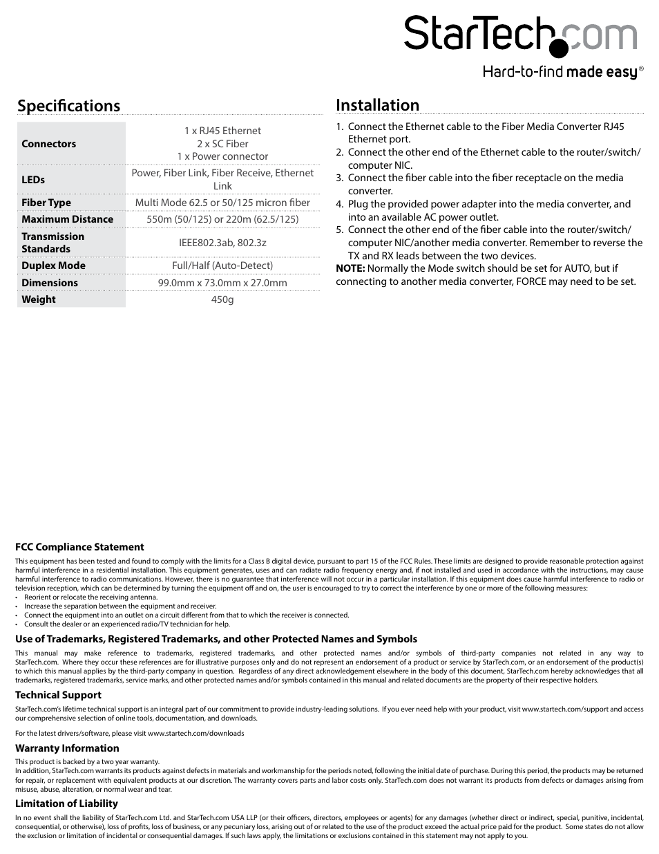 Specifications, Installation | StarTech.com MCMGBSC055EU User Manual | Page 2 / 2