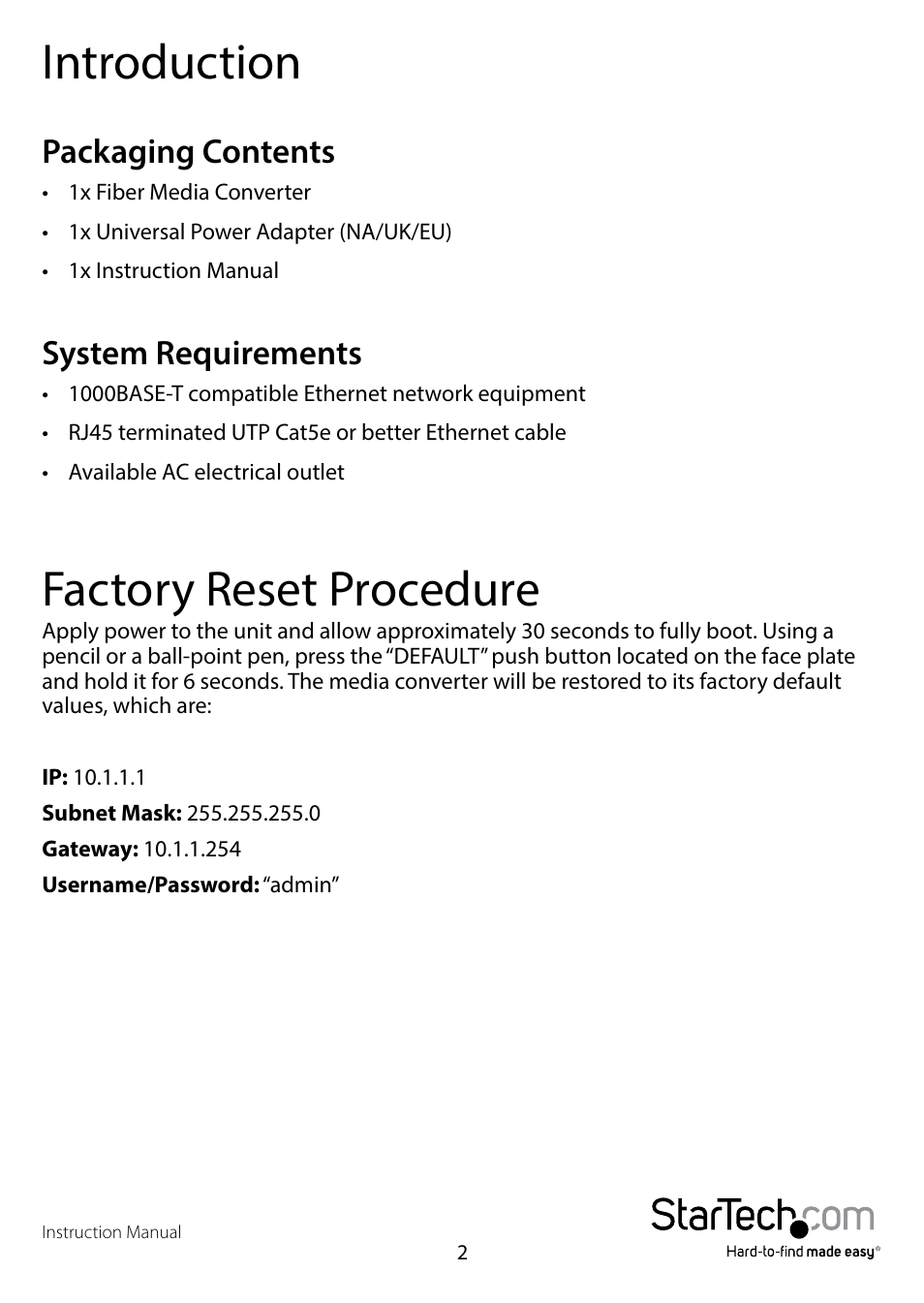 Introduction, Packaging contents, System requirements | Factory reset procedure, Packaging contents system requirements | StarTech.com ET91000LCOAM User Manual | Page 5 / 12