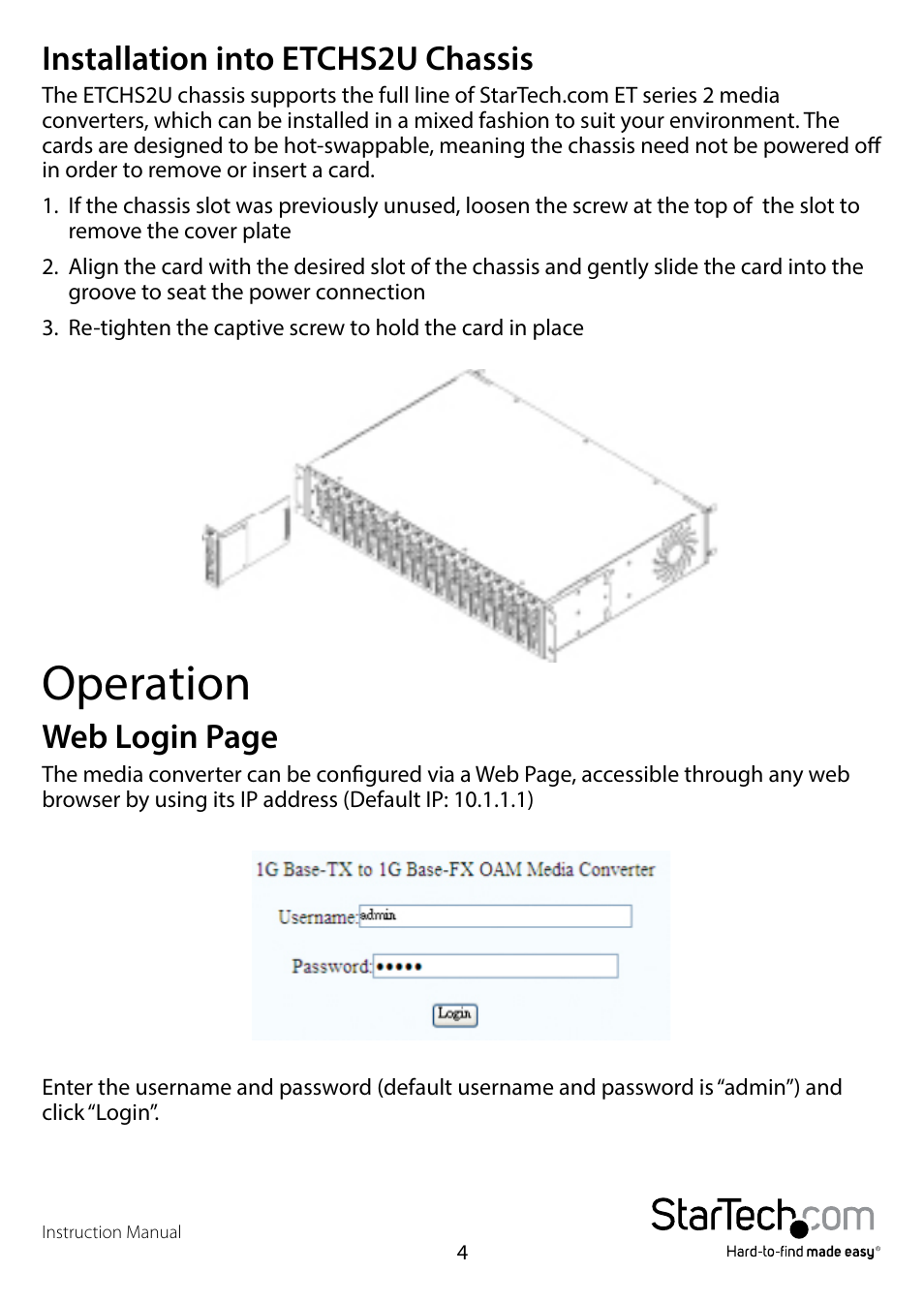 Installation into etchs2u chassis, Operation, Web login page | StarTech.com ET91000LCOAM User Manual | Page 7 / 12