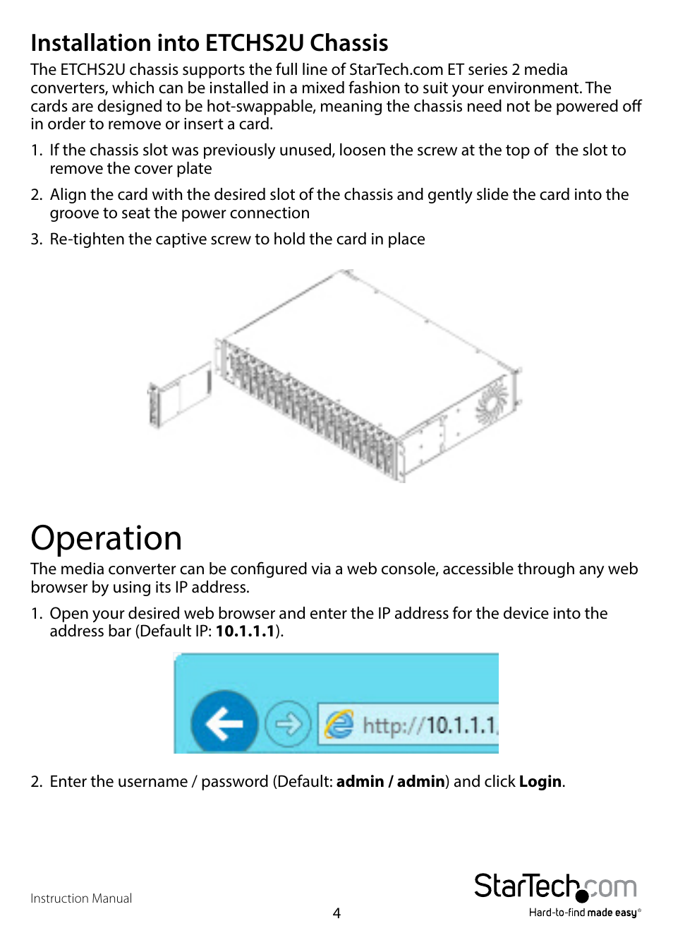 Installation into etchs2u chassis, Operation | StarTech.com ET91000LCOAM Full User Manual | Page 7 / 24