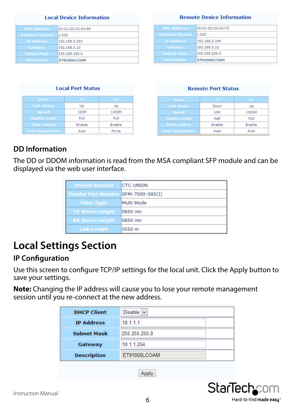 Local settings section | StarTech.com ET91000LCOAM Full User Manual | Page 9 / 24