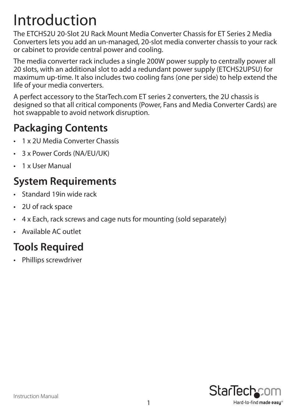 Introduction, Packaging contents, System requirements | Tools required | StarTech.com ETCHS2U User Manual | Page 4 / 10