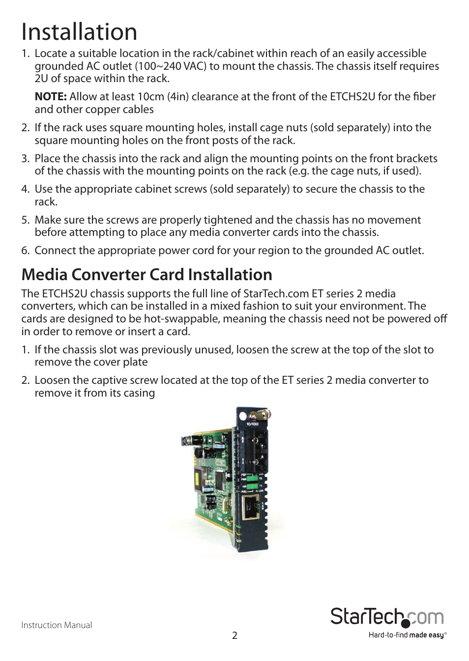 Installation, Media converter card installation | StarTech.com ETCHS2U User Manual | Page 5 / 10