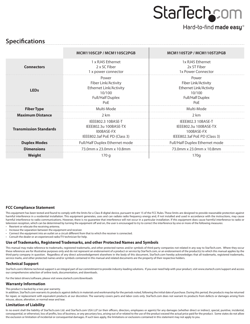 Specifications | StarTech.com MCM110ST2PGB User Manual | Page 2 / 2