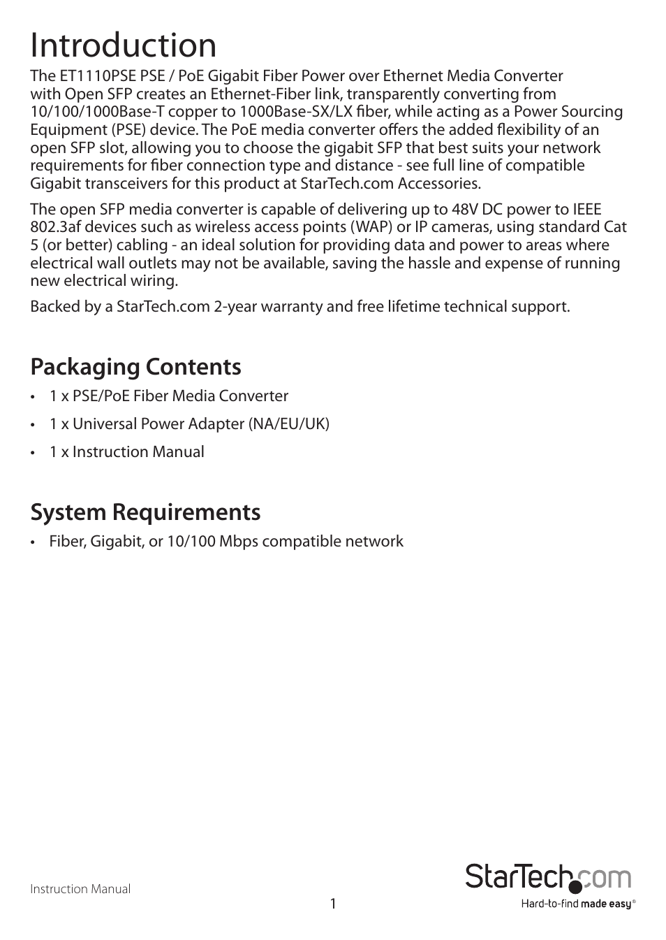 Introduction, Packaging contents, System requirements | StarTech.com ET1110PSE User Manual | Page 5 / 12
