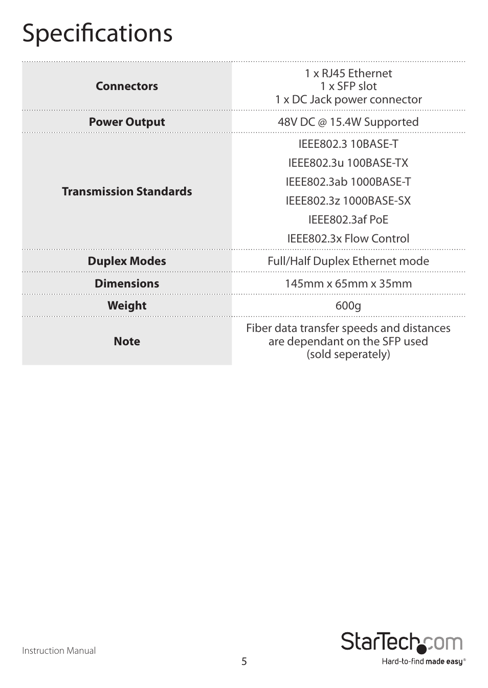 Specifications | StarTech.com ET1110PSE User Manual | Page 9 / 12