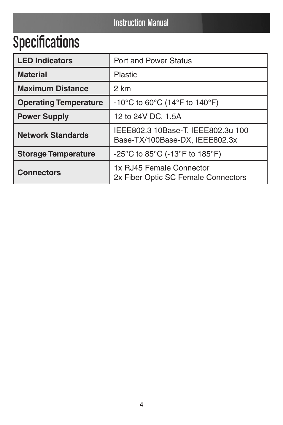 Specifications, Instruction manual | StarTech.com IMC110MMSC User Manual | Page 7 / 9