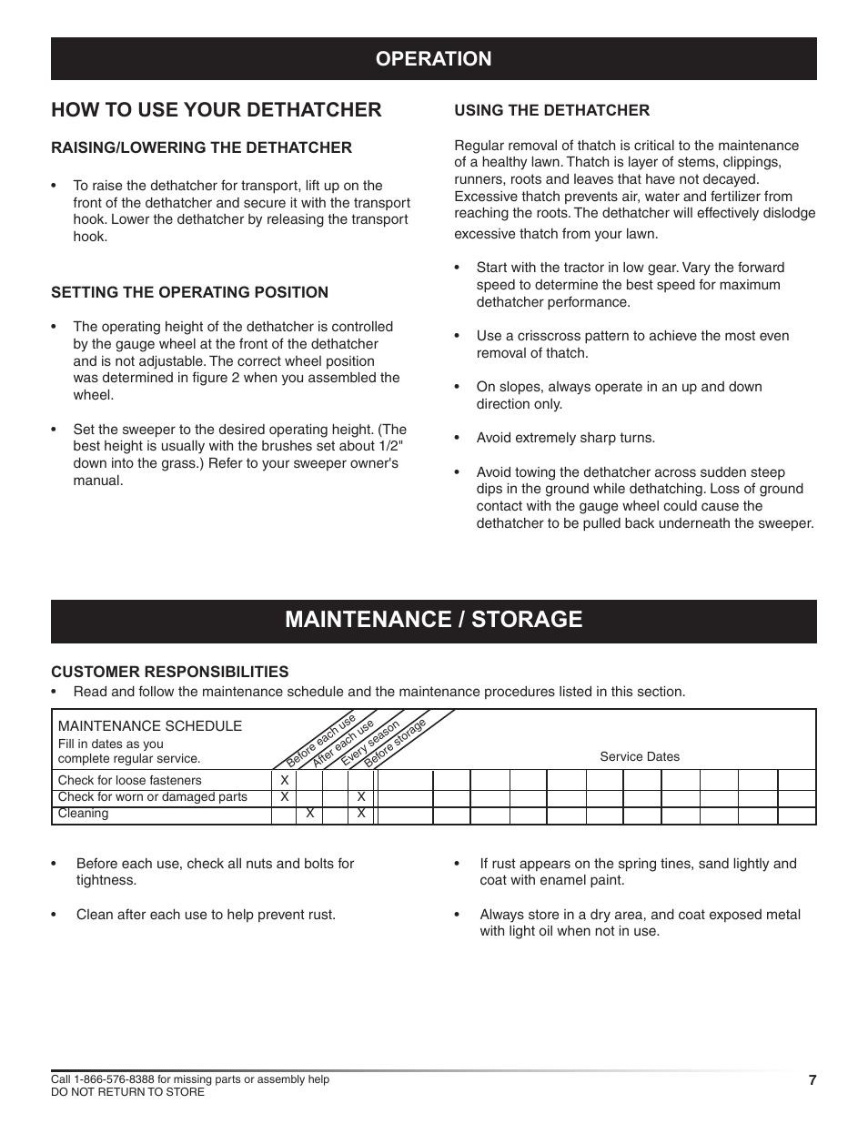 Maintenance / storage, Operation how to use your dethatcher | Craftsman 486.24218 User Manual | Page 7 / 12