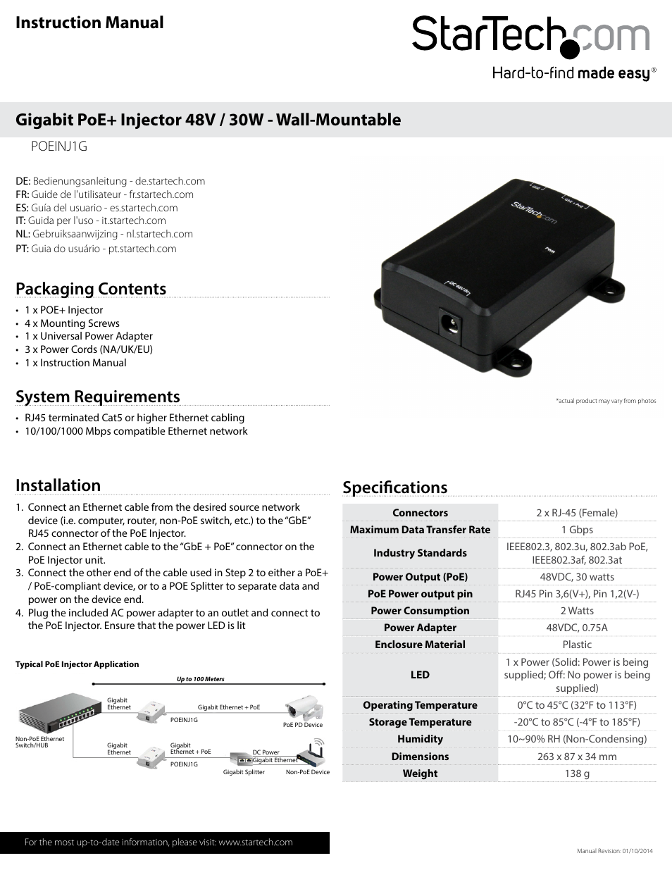 StarTech.com POEINJ1G User Manual | 2 pages