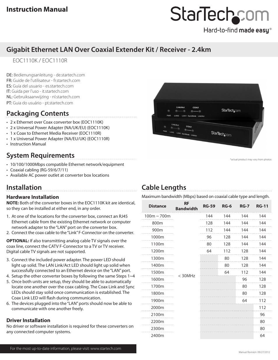 StarTech.com EOC1110R User Manual | 2 pages