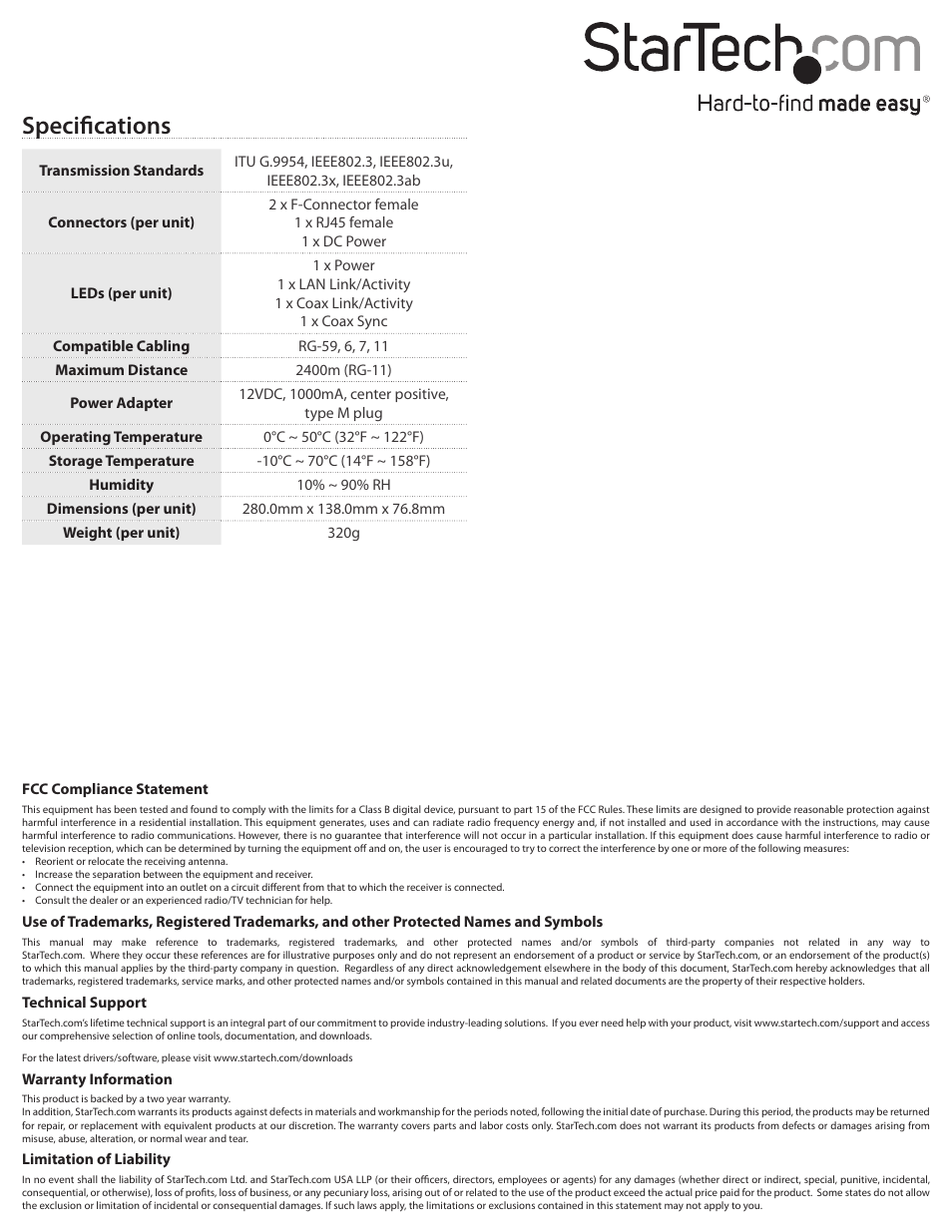 Specifications | StarTech.com EOC1110R User Manual | Page 2 / 2
