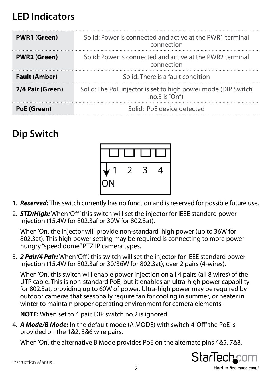 Led indicators, Dip switch, Led indicators dip switch | StarTech.com POEINJ1GI User Manual | Page 5 / 13
