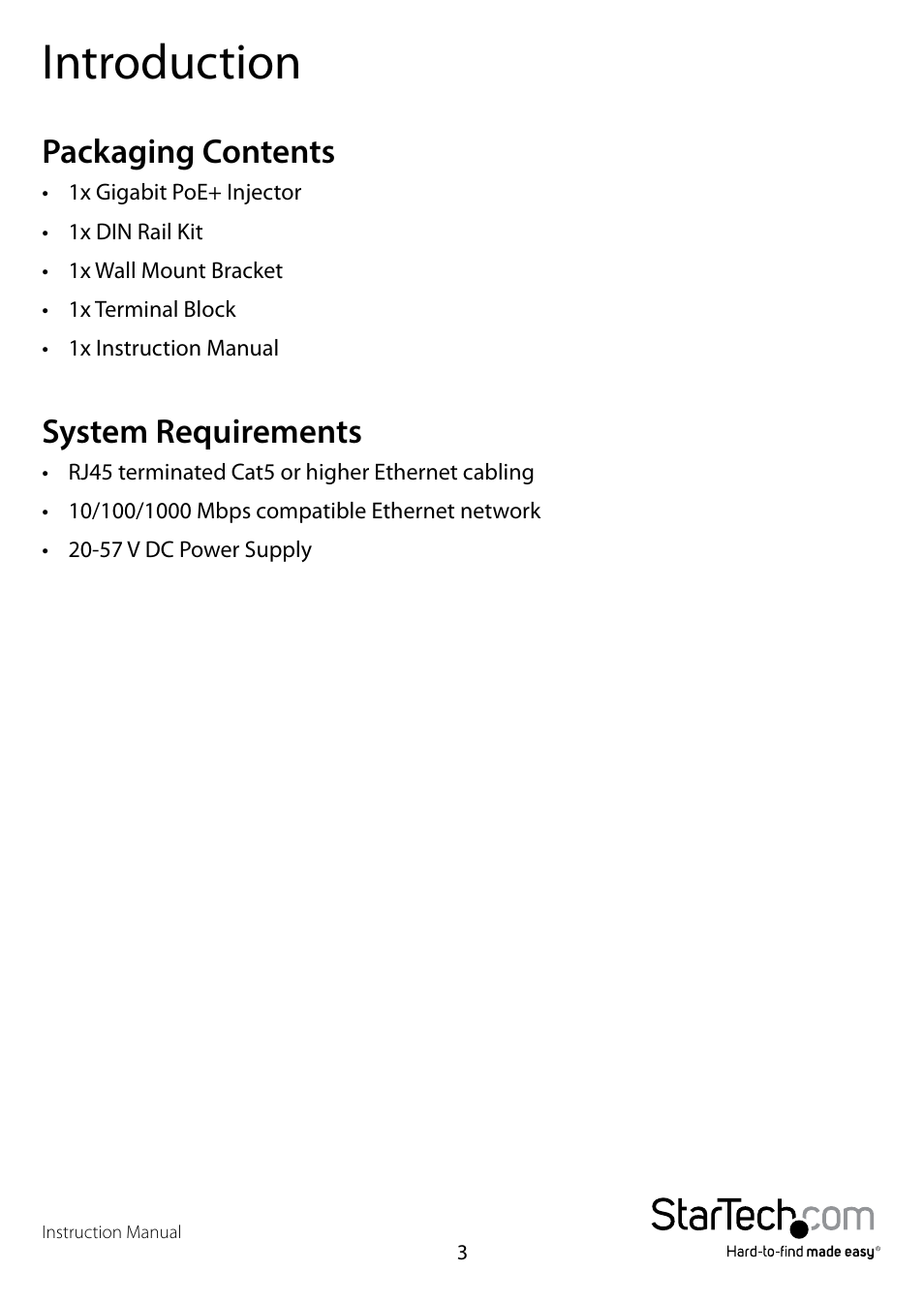 Introduction, Packaging contents, System requirements | Packaging contents system requirements | StarTech.com POEINJ1GI User Manual | Page 6 / 13