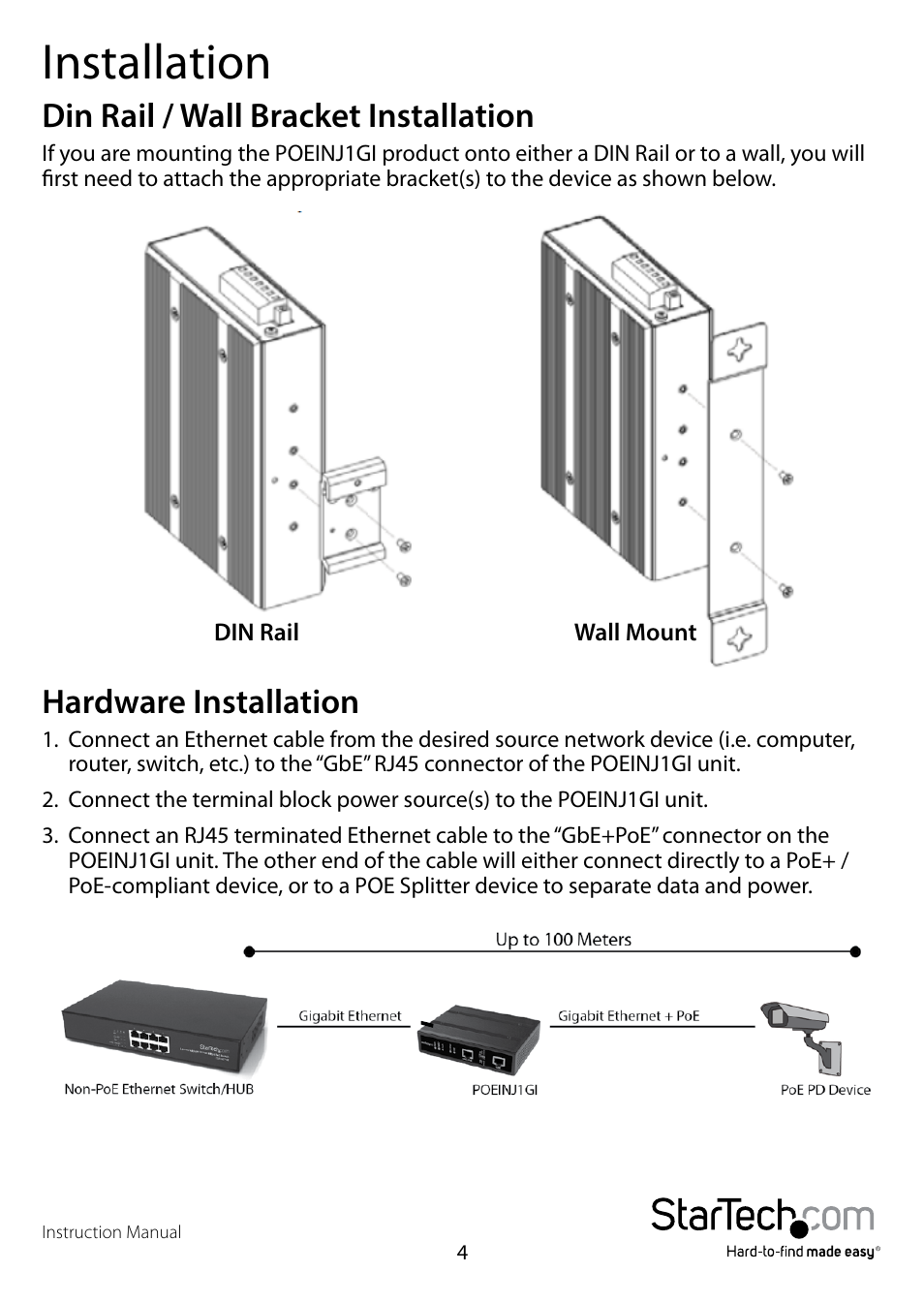 Installation, Din rail / wall bracket installation, Hardware installation | StarTech.com POEINJ1GI User Manual | Page 7 / 13