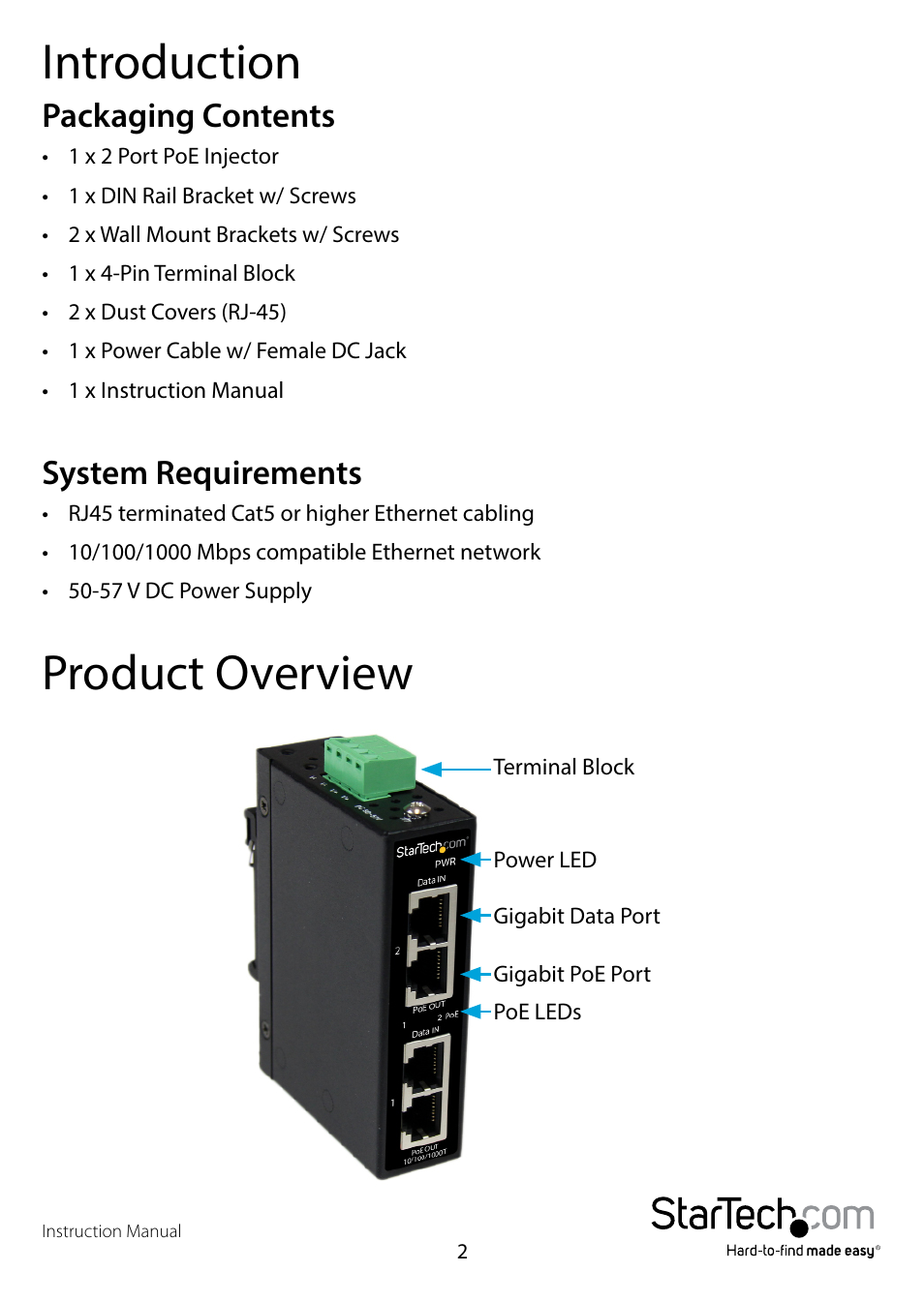 Introduction, Packaging contents, System requirements | Product overview, Packaging contents system requirements | StarTech.com POEINJ2GI User Manual | Page 4 / 11